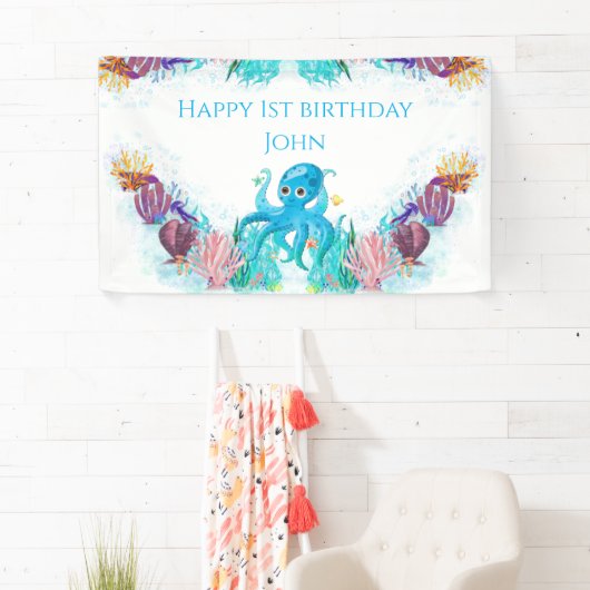 Cute Ocean Zee Octopus kleurful Happy Birthday B Spandoek (Insitu)