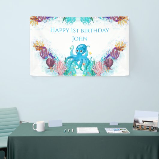 Cute Ocean Zee Octopus kleurful Happy Birthday B Spandoek (Beurs)