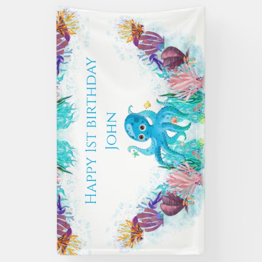 Cute Ocean Zee Octopus kleurful Happy Birthday B Spandoek (Verticaal)