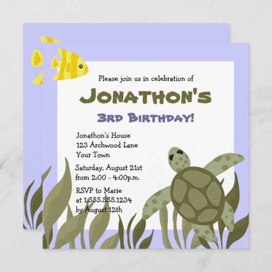 Cute Ocean Zee Turtle Birthday Party Invite Kaart (Voorkant / Achterkant)
