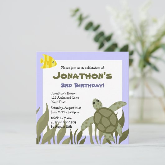 Cute Ocean Zee Turtle Birthday Party Invite Kaart (Staand voorkant)
