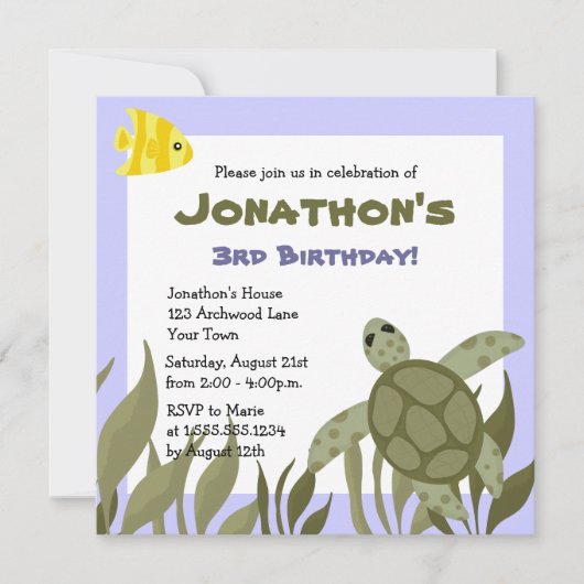 Cute Ocean Zee Turtle Birthday Party Invite Kaart (Voorkant)