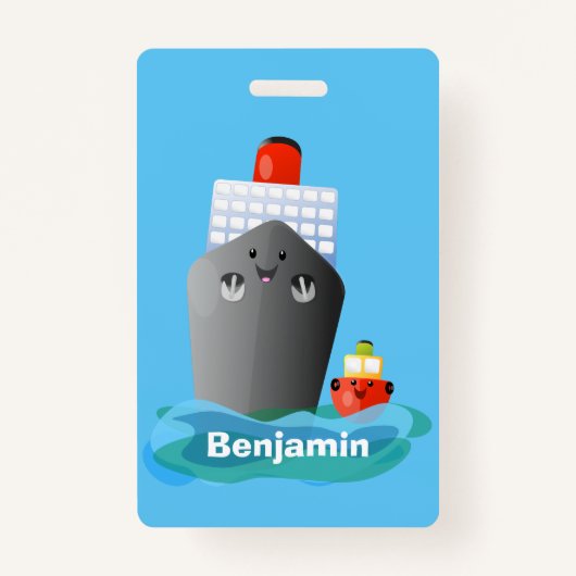 Cute oceanische lijnboot tug cartoon illustratie badge (Voorkant)