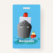 Cute oceanische lijnboot tug cartoon illustratie badge (Achterkant)