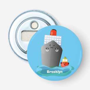 Cute oceanische lijnboot tug cartoon illustratie button flesopener