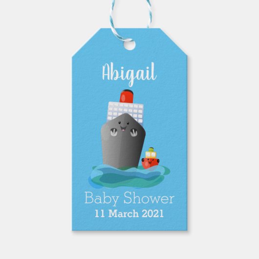 Cute oceanische lijnboot tug cartoon illustratie cadeaulabel (Voorkant)