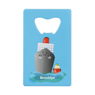 Cute oceanische lijnboot tug cartoon illustratie creditkaart flessenopener