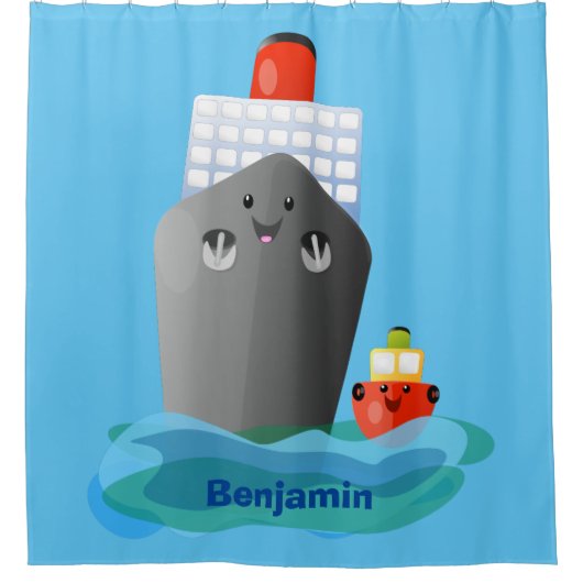 Cute oceanische lijnboot tug cartoon illustratie douchegordijn (Voorkant)