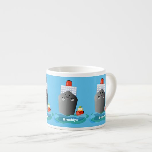 Cute oceanische lijnboot tug cartoon illustratie espresso kop (Voorkant rechts)