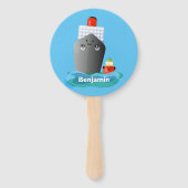 Cute oceanische lijnboot tug cartoon illustratie handwaaier (Achterkant)