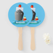 Cute oceanische lijnboot tug cartoon illustratie handwaaier (Voorkant en achterkant)