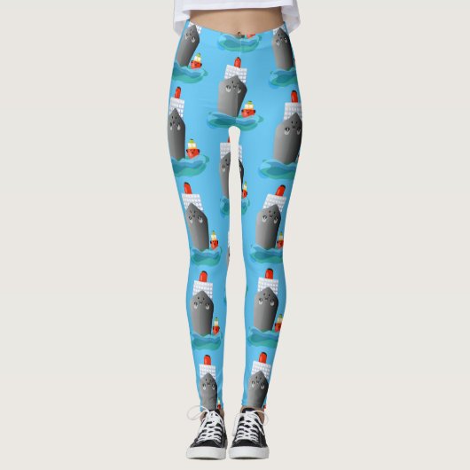 Cute oceanische lijnboot tug cartoon illustratie leggings (Voorkant)