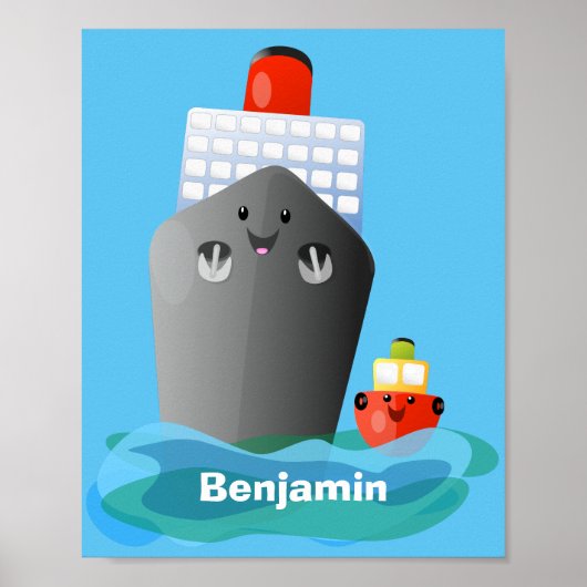 Cute oceanische lijnboot tug cartoon illustratie poster (Voorkant)