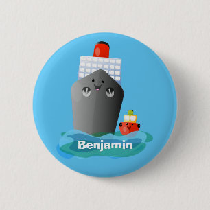 Cute oceanische lijnboot tug cartoon illustratie ronde button 5,7 cm