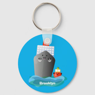 Cute oceanische lijnboot tug cartoon illustratie sleutelhanger