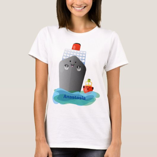 Cute oceanische lijnboot tug cartoon illustratie t-shirt (Voorkant)