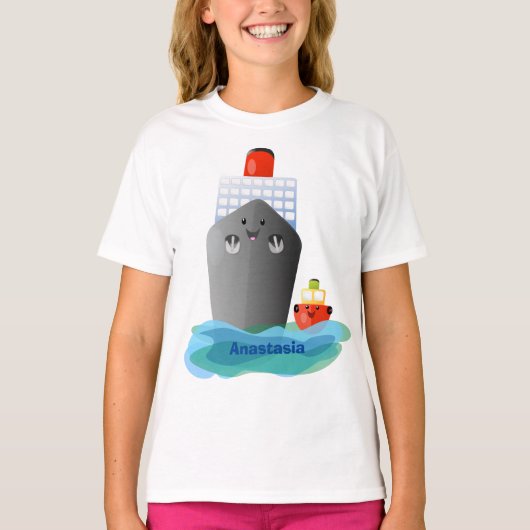 Cute oceanische lijnboot tug cartoon illustratie t-shirt (Voorkant)