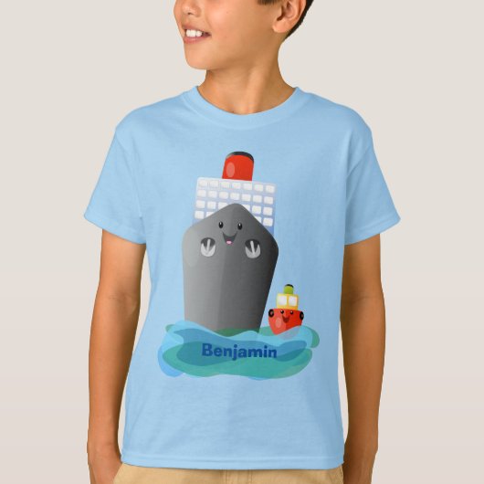 Cute oceanische lijnboot tug cartoon illustratie t-shirt (Voorkant)