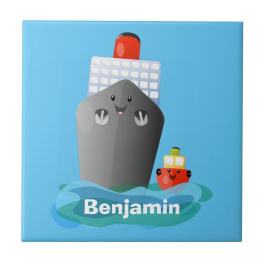 Cute oceanische lijnboot tug cartoon illustratie tegeltje (Voorkant)