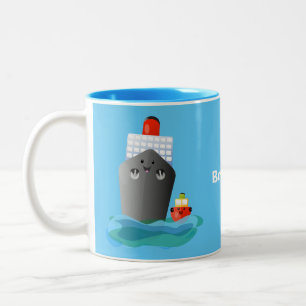 Cute oceanische lijnboot tug cartoon illustratie tweekleurige koffiemok