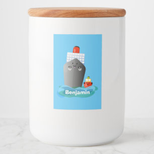 Cute oceanische lijnboot tug cartoon illustratie voedselcontainer etiket