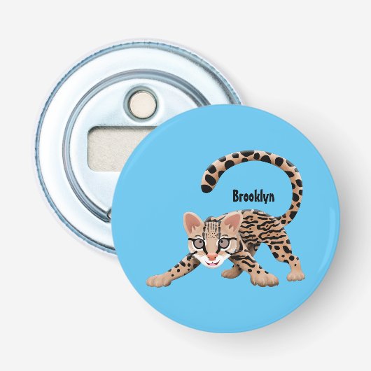Cute ocelot cartoon illustratie button flesopener (Voorkant)