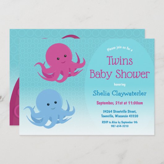 Cute Octopus Animal Twin Baby shower Kaart (Voorkant / Achterkant)