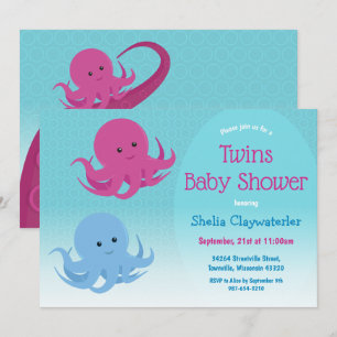 Cute Octopus Animal Twin Baby shower Kaart