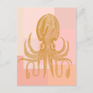 Cute Octopus Art Illustratie in Roze en Gold Briefkaart