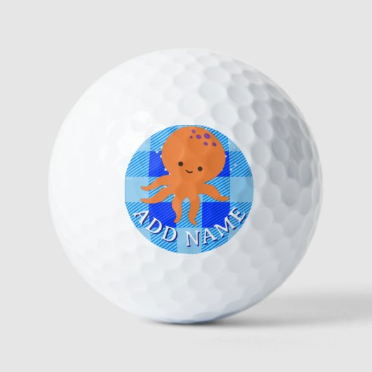 Cute Octopus Cartoon Blauwe Geruite Stof Met Naam Golfballen (Voorkant)
