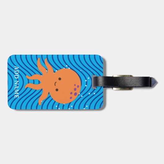 Cute Octopus Cartoon Blauwe Golven Patroon Bagagelabel (Achterkant horizontaal)