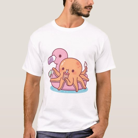 Cute Octopus Chilling on Pink Flamingo Float T-shirt (Voorkant)