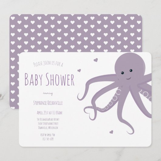 Cute Octopus Hart Paars Horizontaal Baby Shower Kaart (Voorkant / Achterkant)