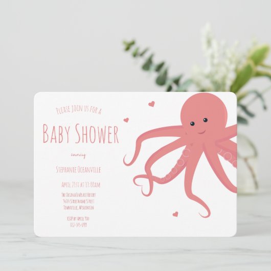 Cute Octopus Hart Roze Horizontaal Baby shower Kaart (Staand voorkant)