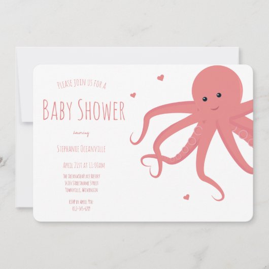 Cute Octopus Hart Roze Horizontaal Baby shower Kaart (Voorkant)