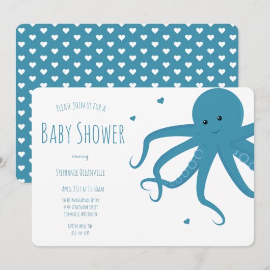 Cute Octopus Heart Blue Horizontale Baby shower Kaart (Voorkant / Achterkant)