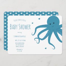 Cute Octopus Heart Blue Horizontale Baby shower Kaart