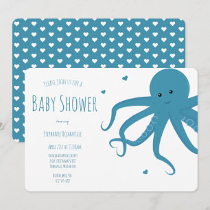 Cute Octopus Heart Blue Horizontale Baby shower Kaart