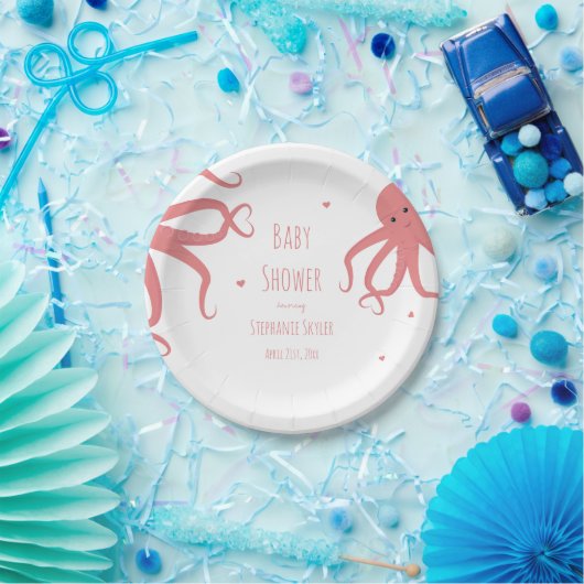 Cute Octopus Heart Pink Baby shower Papieren Bordje (Feest)