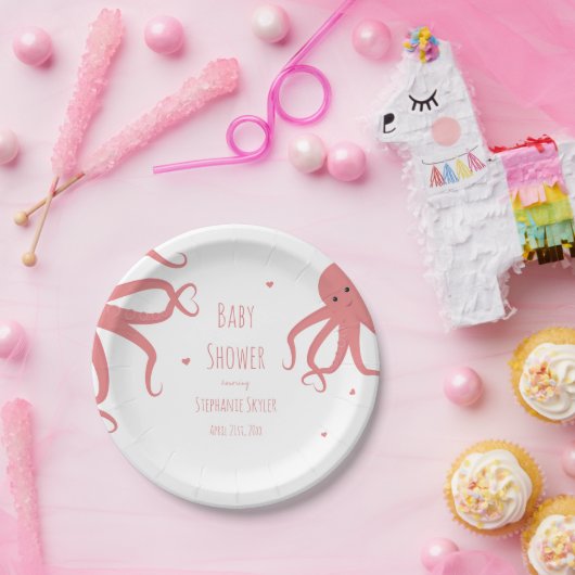 Cute Octopus Heart Pink Baby shower Papieren Bordje (Feest)