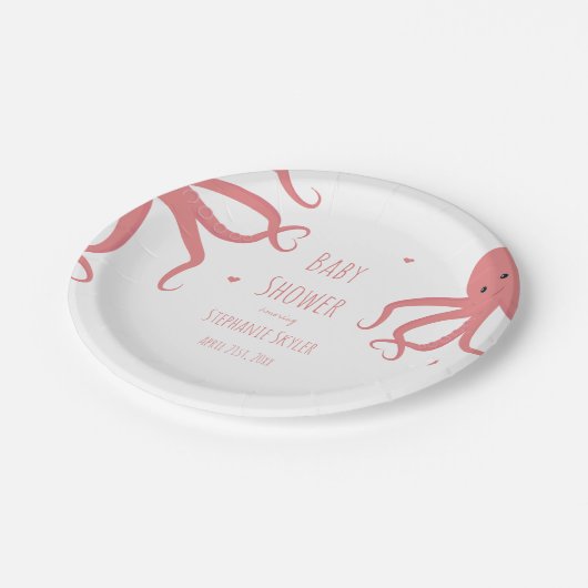 Cute Octopus Heart Pink Baby shower Papieren Bordje (Gekanteld)