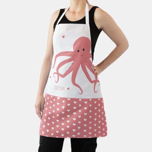 Cute Octopus Heart Pink Witte Naam Schort (Insitu)