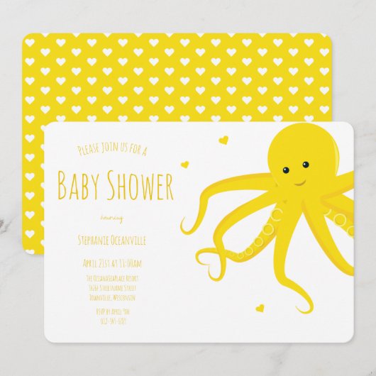 Cute Octopus Heart Yellow Horizontal Baby shower Kaart (Voorkant / Achterkant)