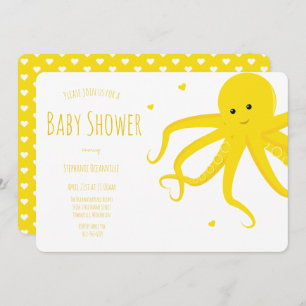 Cute Octopus Heart Yellow Horizontal Baby shower Kaart