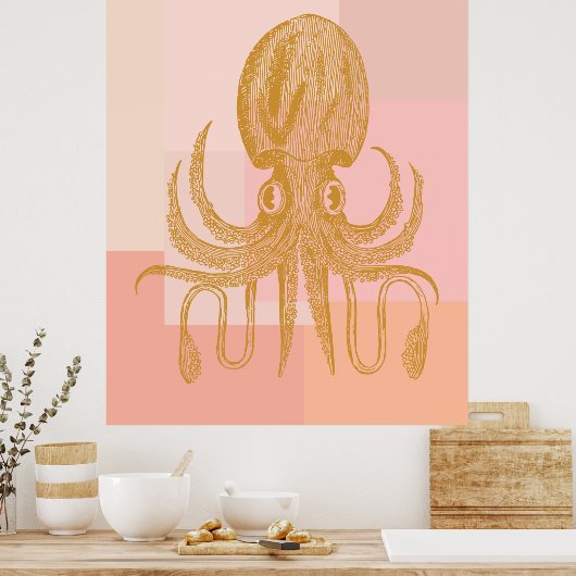 Cute Octopus Illustratie in roze en goud Poster (Keuken)