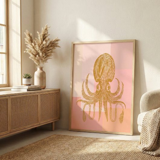 Cute Octopus Illustratie in roze en goud Poster
