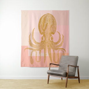 Cute Octopus Illustratie in roze en goud Wandkleed