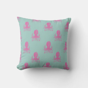 Cute Octopus Illustration Pattern Aqua and Fuchsia Kussen