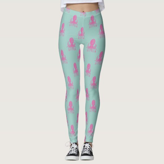 Cute Octopus Illustration Pattern Aqua and Fuchsia Leggings (Voorkant)