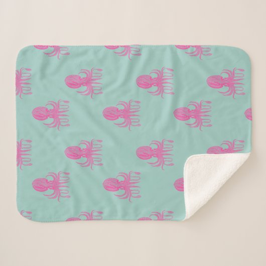 Cute Octopus Illustration Pattern Aqua and Fuchsia Sherpa Deken (Voorkant (horizontaal))